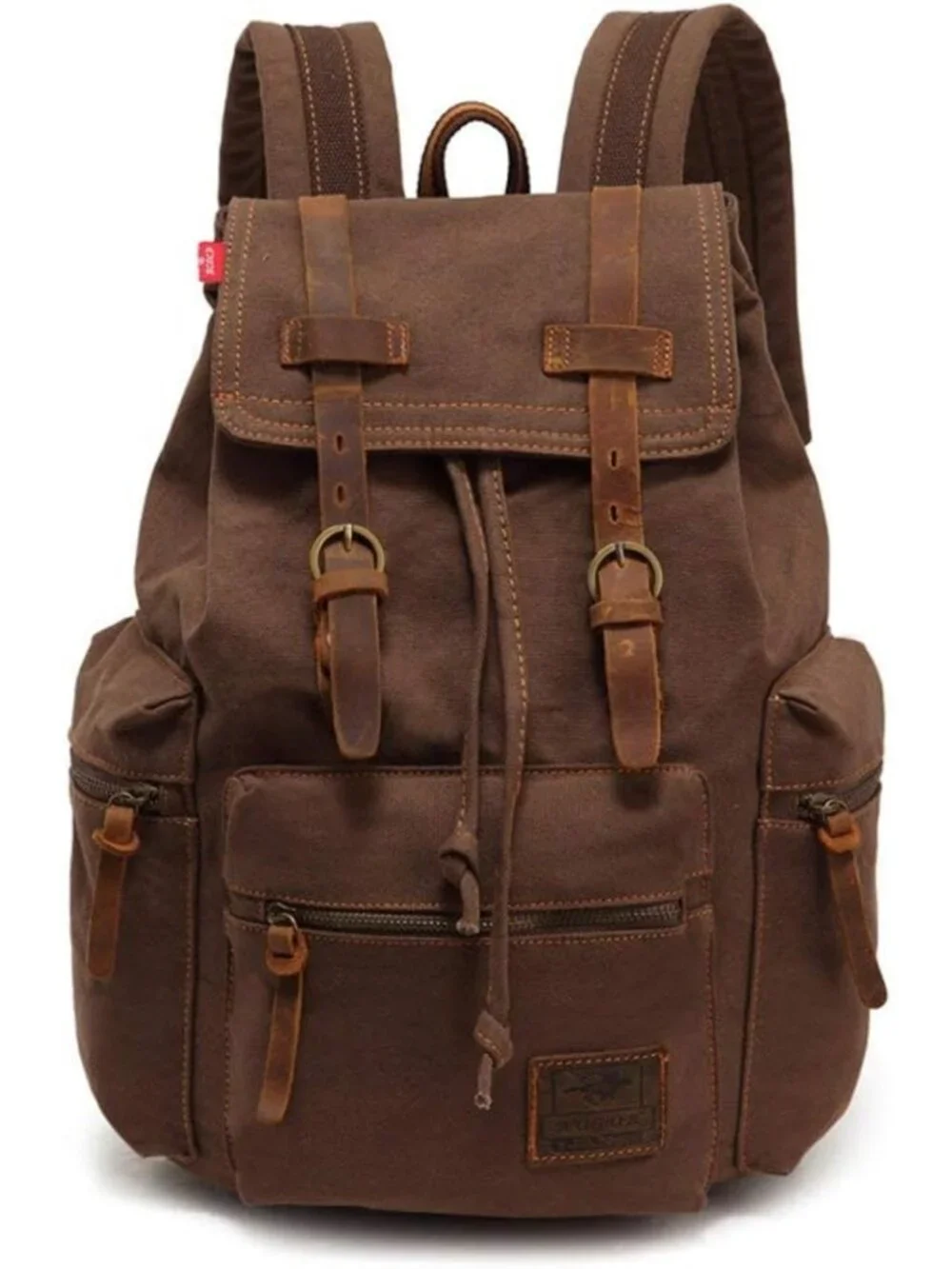 Vintage Canvas Backpack with Leather Trim, Padded Laptop Sleeve, Casual Daypack